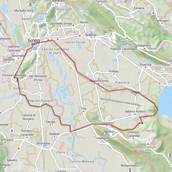 Kartminiatyr av "Grusväg mot Castello di Pavone Canavese och Cerone" cykelinspiration i Piemonte, Italy. Genererad av Tarmacs.app cykelruttplanerare