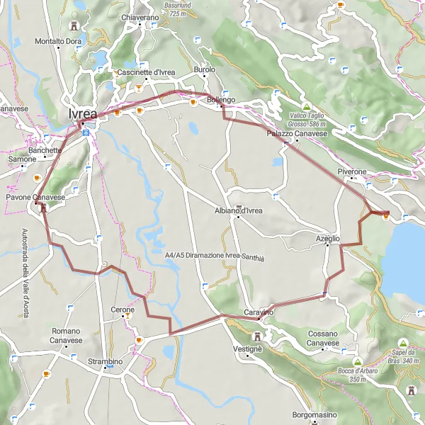 Mapa miniatúra "Krásy okolia Pavone Canavese" cyklistická inšpirácia v Piemonte, Italy. Vygenerované cyklistickým plánovačom trás Tarmacs.app