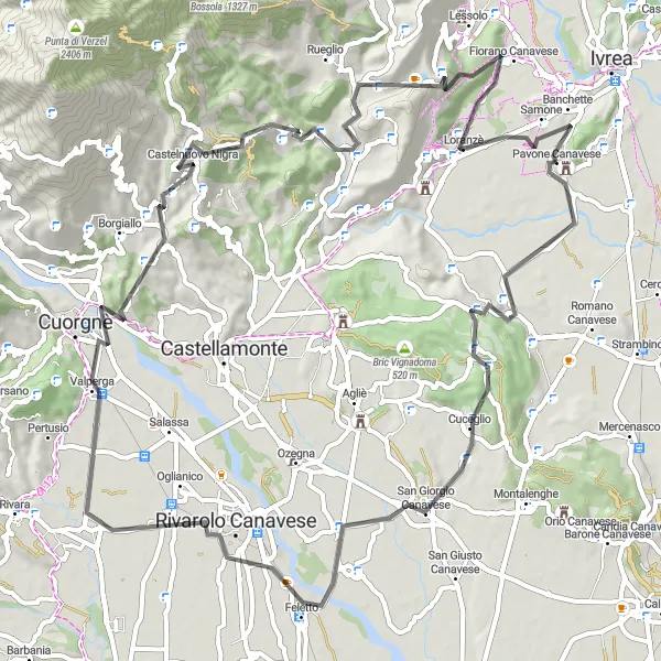 Miniatura della mappa di ispirazione al ciclismo "Percorso ciclabile da Pavone Canavese a San Giorgio Canavese" nella regione di Piemonte, Italy. Generata da Tarmacs.app, pianificatore di rotte ciclistiche