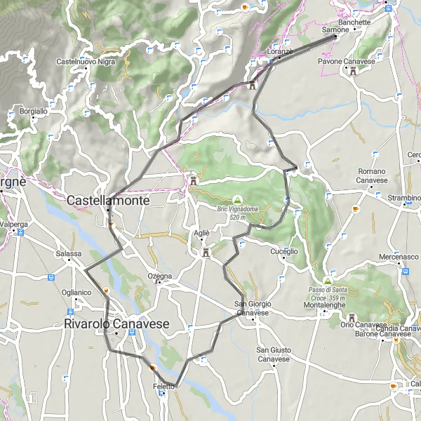 Miniatura della mappa di ispirazione al ciclismo "Passeggiata in bicicletta da Pavone Canavese a Vialfrè" nella regione di Piemonte, Italy. Generata da Tarmacs.app, pianificatore di rotte ciclistiche