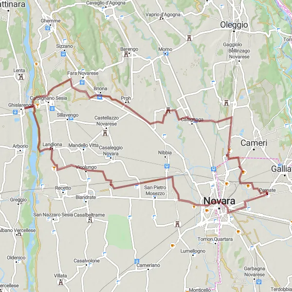 Miniaturekort af cykelinspirationen "Grusvejscykelrute rundt om Pernate" i Piemonte, Italy. Genereret af Tarmacs.app cykelruteplanlægger