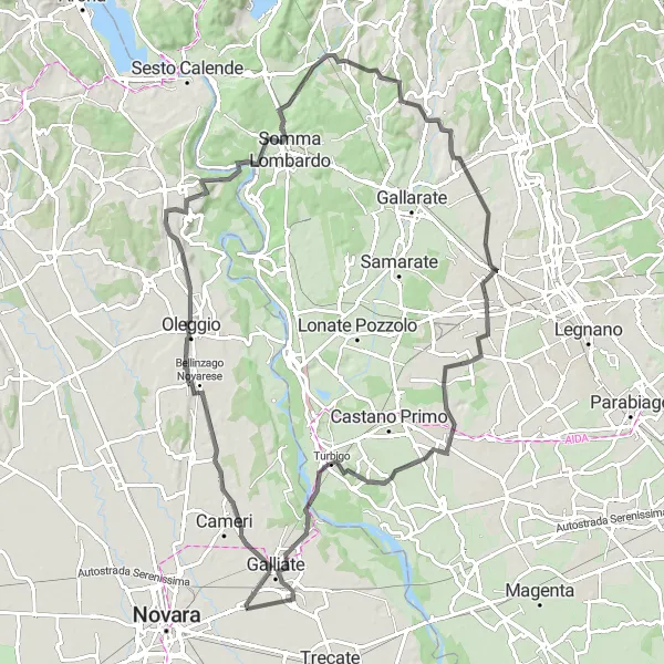Mapa miniatúra "Cestná cyklotúra cez Marano Ticino" cyklistická inšpirácia v Piemonte, Italy. Vygenerované cyklistickým plánovačom trás Tarmacs.app