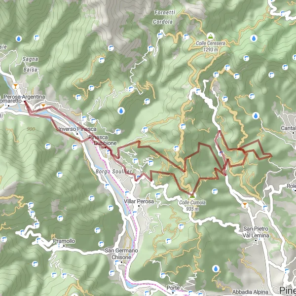 Map miniature of "Gravel Adventure near Perosa Argentina" cycling inspiration in Piemonte, Italy. Generated by Tarmacs.app cycling route planner