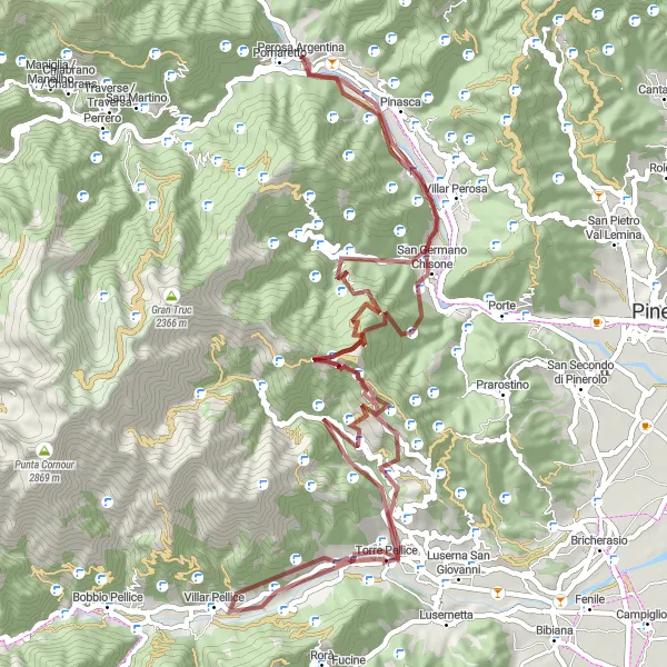 Map miniature of "Scenic Gravel Loop in Perosa Argentina" cycling inspiration in Piemonte, Italy. Generated by Tarmacs.app cycling route planner