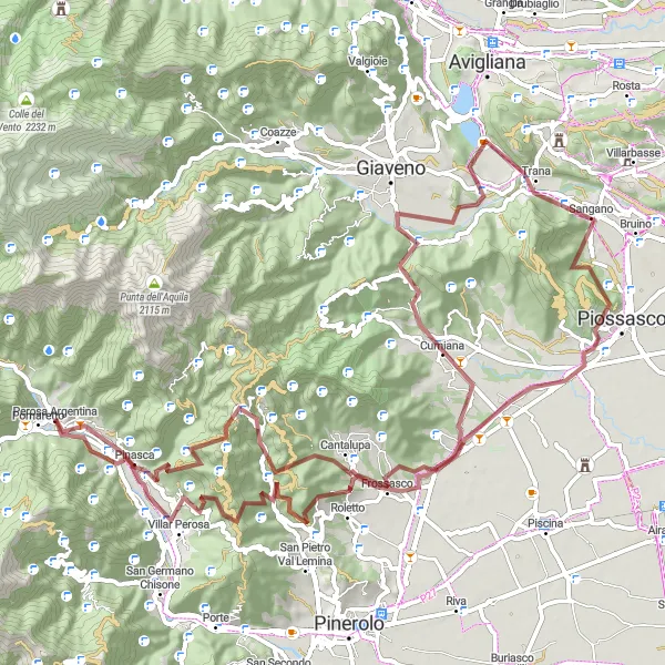 Miniatua del mapa de inspiración ciclista "Exploración de Grava cerca de Perosa Argentina" en Piemonte, Italy. Generado por Tarmacs.app planificador de rutas ciclistas