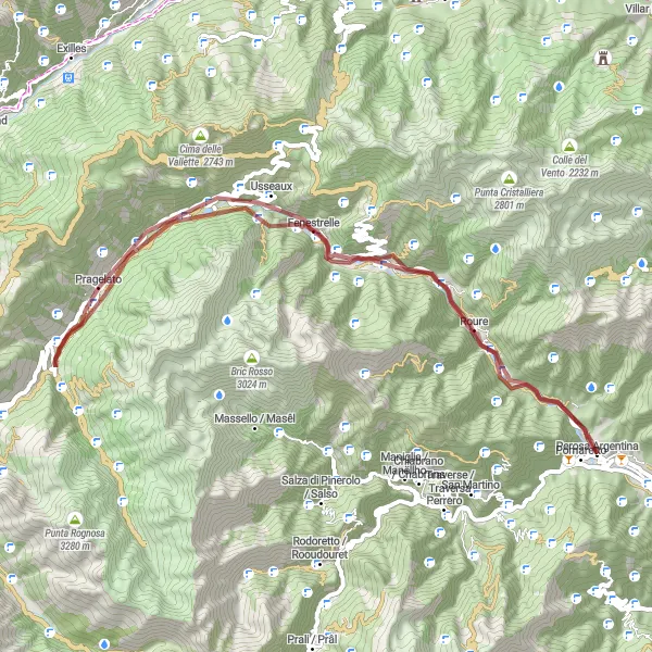 Miniatura della mappa di ispirazione al ciclismo "Tour in bici tra Usseaux e Pomaretto" nella regione di Piemonte, Italy. Generata da Tarmacs.app, pianificatore di rotte ciclistiche