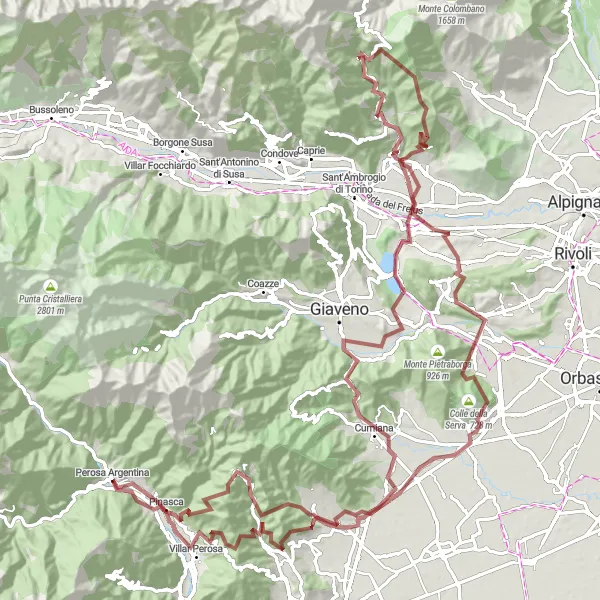 Miniatua del mapa de inspiración ciclista "Ruta de Grava de Perosa Argentina y Alrededores" en Piemonte, Italy. Generado por Tarmacs.app planificador de rutas ciclistas