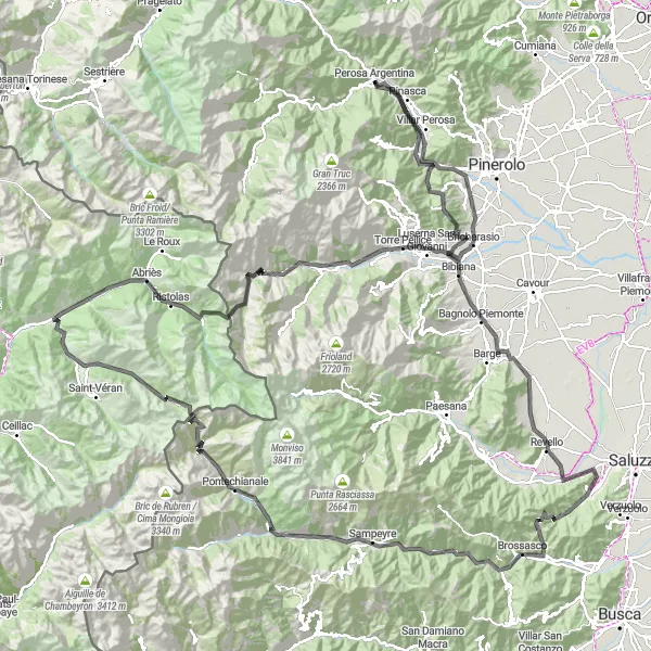 Zemljevid v pomanjšavi "Dolga cestna pot do Villar Perose" kolesarske inspiracije v Piemonte, Italy. Generirano z načrtovalcem kolesarskih poti Tarmacs.app