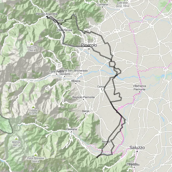 Map miniature of "Scenic Road Cycling Route near Pinerolo" cycling inspiration in Piemonte, Italy. Generated by Tarmacs.app cycling route planner