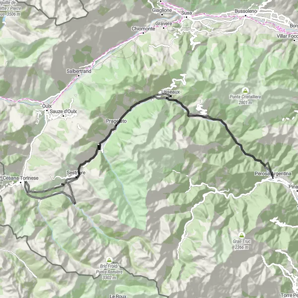 Mapa miniatúra "Cestná cyklotrasa Pomaretto - Perosa Argentina" cyklistická inšpirácia v Piemonte, Italy. Vygenerované cyklistickým plánovačom trás Tarmacs.app