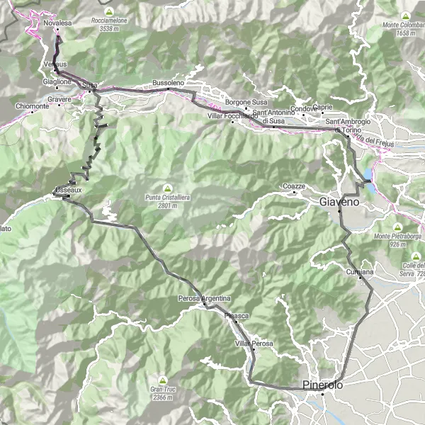 Miniatua del mapa de inspiración ciclista "Ascenso a las alturas" en Piemonte, Italy. Generado por Tarmacs.app planificador de rutas ciclistas