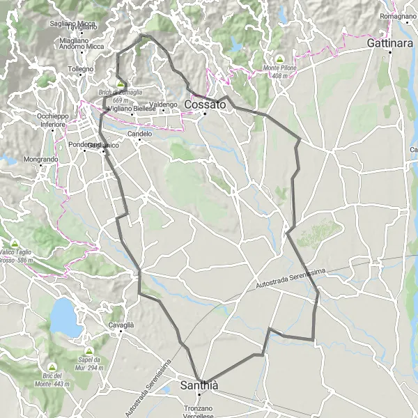 Miniatura della mappa di ispirazione al ciclismo "Cicloturismo da Pettinengo a Balocco" nella regione di Piemonte, Italy. Generata da Tarmacs.app, pianificatore di rotte ciclistiche