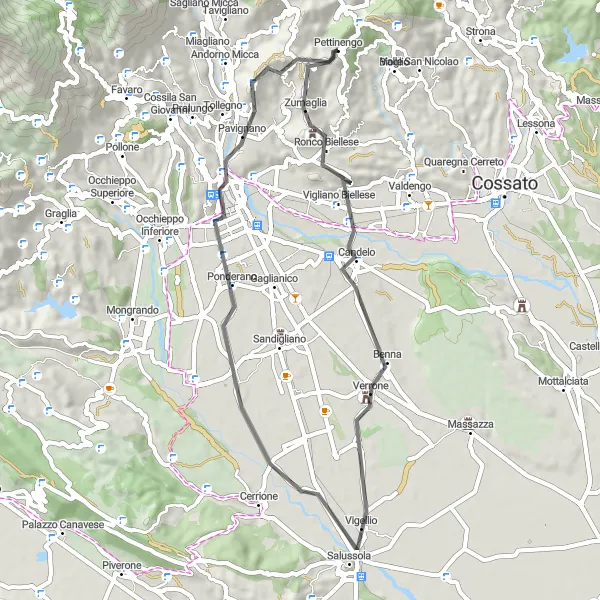 Mapa miniatúra "Pokojná cyklotúra okolo Pettinengo" cyklistická inšpirácia v Piemonte, Italy. Vygenerované cyklistickým plánovačom trás Tarmacs.app