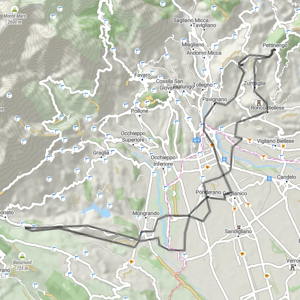 Kartminiatyr av "Pettinengo till Monte Turlo" cykelinspiration i Piemonte, Italy. Genererad av Tarmacs.app cykelruttplanerare