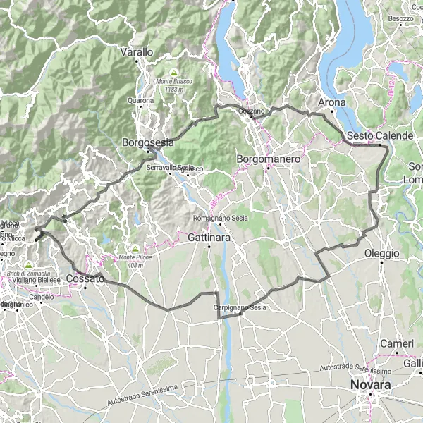 Zemljevid v pomanjšavi "Cycling around Pettinengo and Monte Capoposto" kolesarske inspiracije v Piemonte, Italy. Generirano z načrtovalcem kolesarskih poti Tarmacs.app