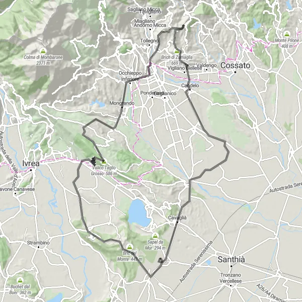 Mapa miniatúra "Cycling through Biellese hills" cyklistická inšpirácia v Piemonte, Italy. Vygenerované cyklistickým plánovačom trás Tarmacs.app