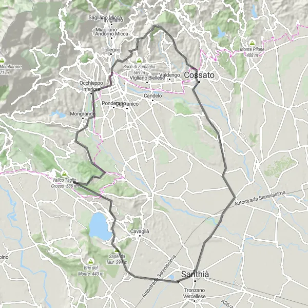 Kartminiatyr av "Utmanande vägcykling runt Pettinengo" cykelinspiration i Piemonte, Italy. Genererad av Tarmacs.app cykelruttplanerare