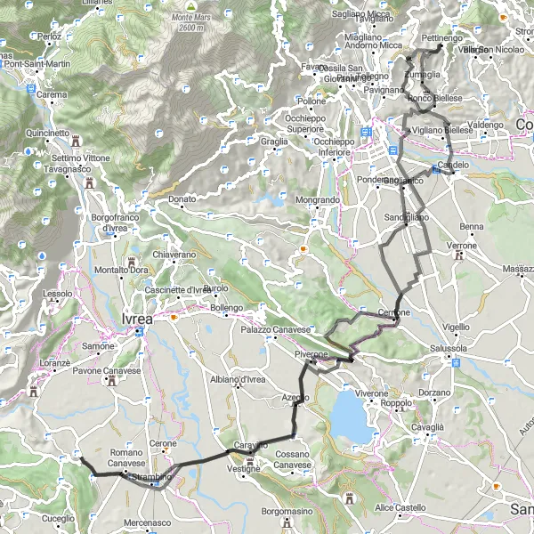 Kartminiatyr av "Sykling rundt Pettinengo og omgivelser" sykkelinspirasjon i Piemonte, Italy. Generert av Tarmacs.app sykkelrutoplanlegger