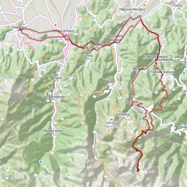 Miniaturní mapa "Gravelová cyklotrasa kolem Peveragna" inspirace pro cyklisty v oblasti Piemonte, Italy. Vytvořeno pomocí plánovače tras Tarmacs.app