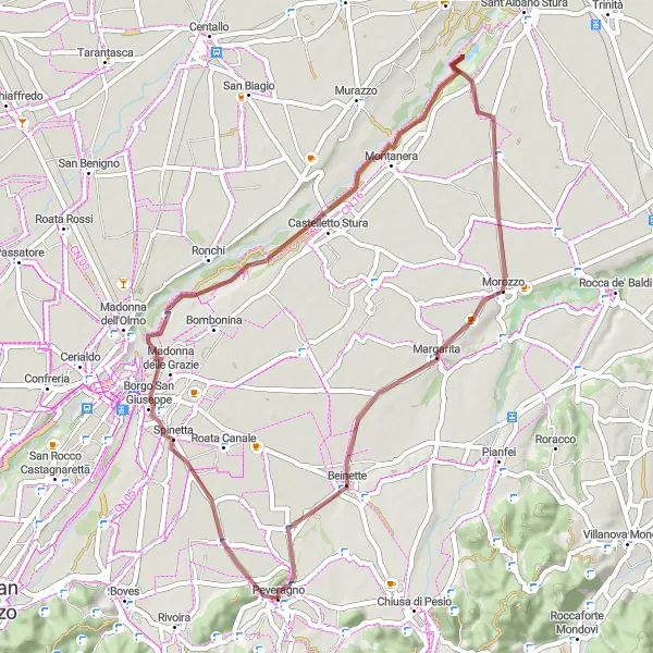 Kartminiatyr av "Grusvei gjennom Morozzo til Peveragno" sykkelinspirasjon i Piemonte, Italy. Generert av Tarmacs.app sykkelrutoplanlegger