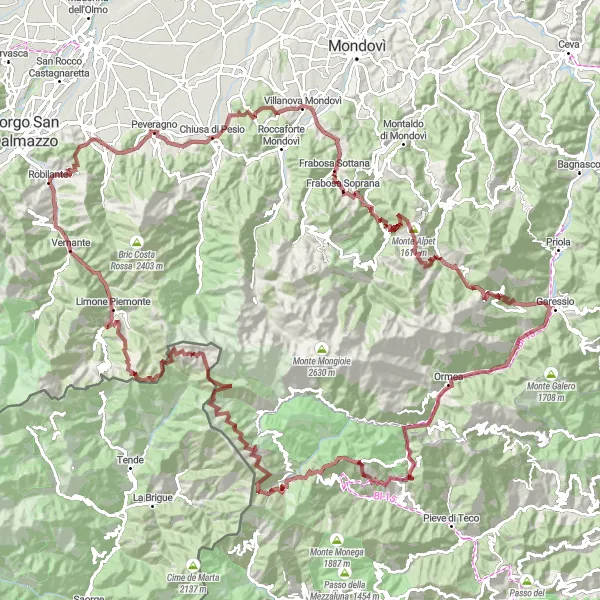 Map miniature of "Monte Pelato and Colla della Navonera Gravel Adventure" cycling inspiration in Piemonte, Italy. Generated by Tarmacs.app cycling route planner