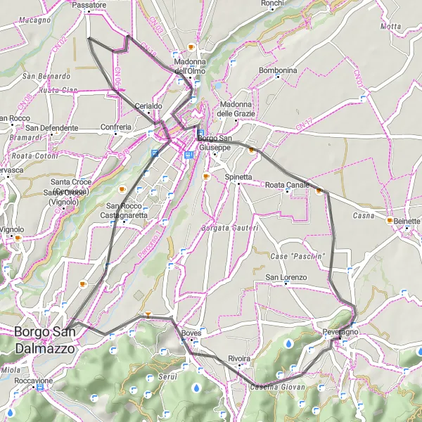 Zemljevid v pomanjšavi "Scenic Road Trip okoli Peveragna" kolesarske inspiracije v Piemonte, Italy. Generirano z načrtovalcem kolesarskih poti Tarmacs.app