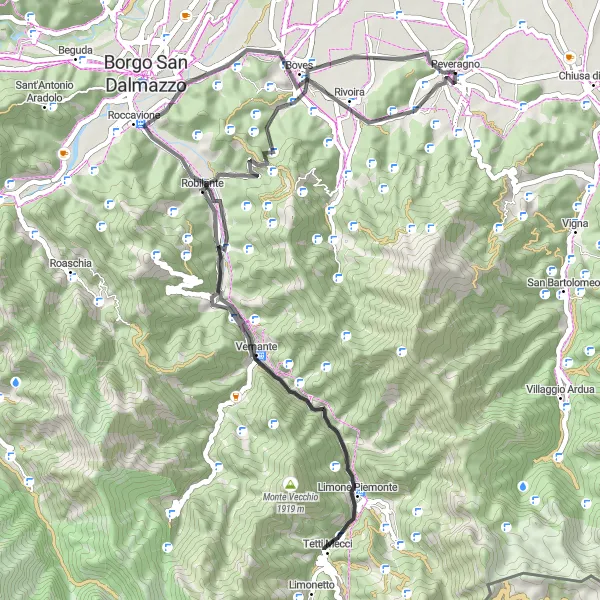 Zemljevid v pomanjšavi "Cestna avantura v Piemontu" kolesarske inspiracije v Piemonte, Italy. Generirano z načrtovalcem kolesarskih poti Tarmacs.app