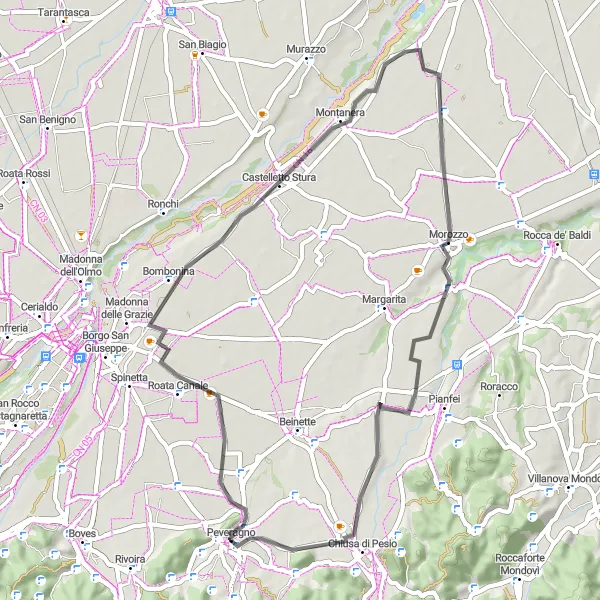 Map miniature of "Peveragno Panorama and Mountain Fallonio" cycling inspiration in Piemonte, Italy. Generated by Tarmacs.app cycling route planner