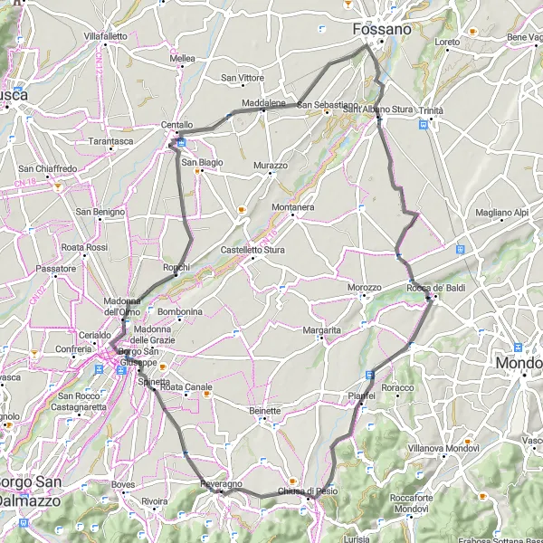 Miniatua del mapa de inspiración ciclista "Ruta panorámica de Peveragno a Pianfei" en Piemonte, Italy. Generado por Tarmacs.app planificador de rutas ciclistas