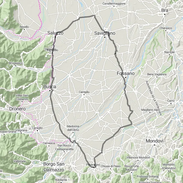 Miniatua del mapa de inspiración ciclista "Ruta panorámica extendida a Monasterolo di Savigliano" en Piemonte, Italy. Generado por Tarmacs.app planificador de rutas ciclistas