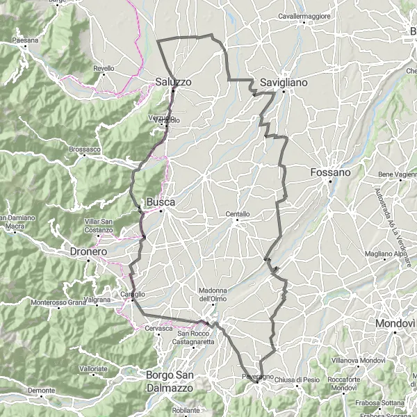 Miniatua del mapa de inspiración ciclista "Ruta panorámica de 126 km en carretera desde Peveragno" en Piemonte, Italy. Generado por Tarmacs.app planificador de rutas ciclistas
