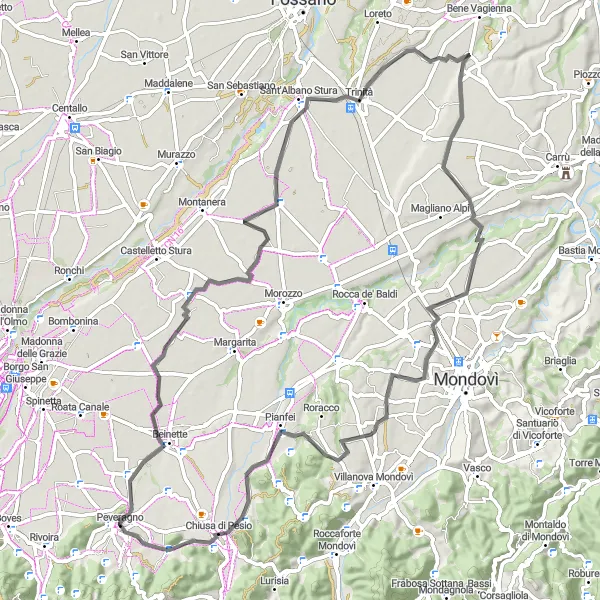 Zemljevid v pomanjšavi "Panoramska cesta skozi Peveragno" kolesarske inspiracije v Piemonte, Italy. Generirano z načrtovalcem kolesarskih poti Tarmacs.app