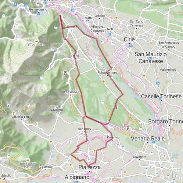 Karttaminiaatyyri "Gravel Seikkailu Pianezzan ympäristössä" pyöräilyinspiraatiosta alueella Piemonte, Italy. Luotu Tarmacs.app pyöräilyreittisuunnittelijalla