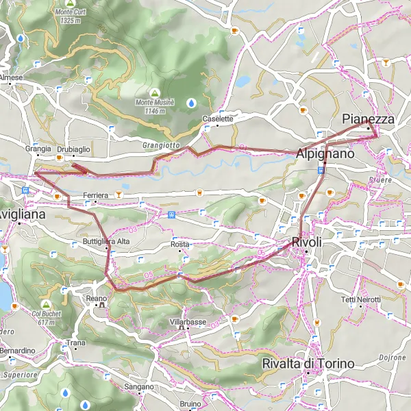 Miniatua del mapa de inspiración ciclista "Aventura en Gravel a través de Pianezza" en Piemonte, Italy. Generado por Tarmacs.app planificador de rutas ciclistas