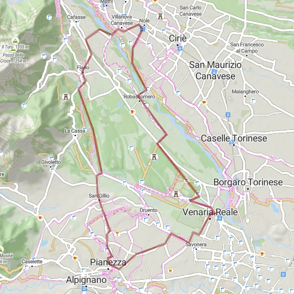 Miniaturní mapa "Gravel Route from Pianezza to Reggia di Venaria" inspirace pro cyklisty v oblasti Piemonte, Italy. Vytvořeno pomocí plánovače tras Tarmacs.app