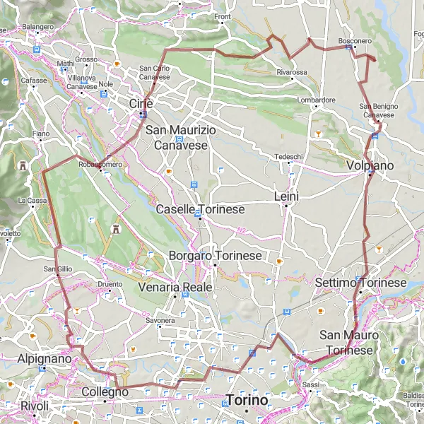 Miniatua del mapa de inspiración ciclista "Ruta de ciclismo de grava a través de Bosconero y San Mauro Torinese" en Piemonte, Italy. Generado por Tarmacs.app planificador de rutas ciclistas