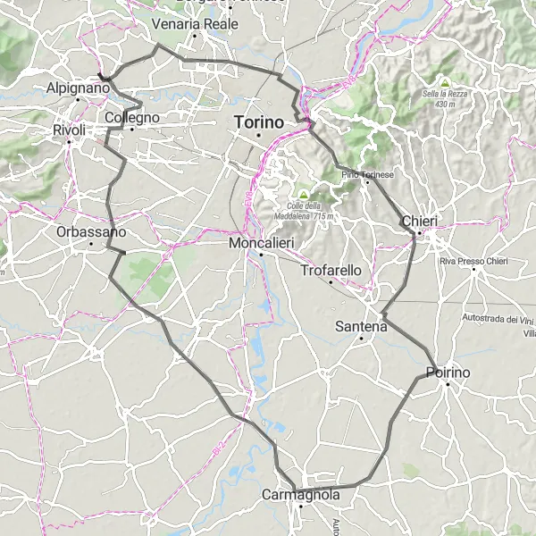 Miniatura della mappa di ispirazione al ciclismo "Tour in bicicletta da Pianezza a Collegno attraverso Carmagnola" nella regione di Piemonte, Italy. Generata da Tarmacs.app, pianificatore di rotte ciclistiche