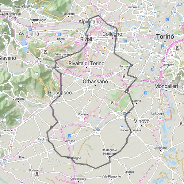 Zemljevid v pomanjšavi "Potovanje po cesti s čudovitimi razgledi" kolesarske inspiracije v Piemonte, Italy. Generirano z načrtovalcem kolesarskih poti Tarmacs.app