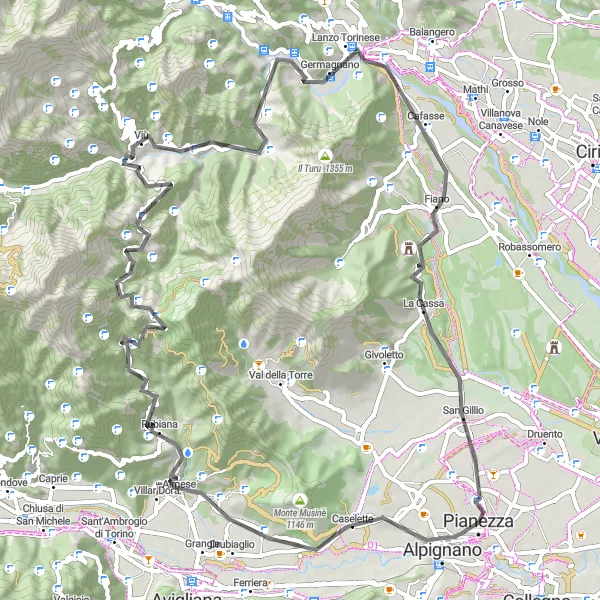 Miniaturekort af cykelinspirationen "Krævende Roadtur til Pianezza" i Piemonte, Italy. Genereret af Tarmacs.app cykelruteplanlægger