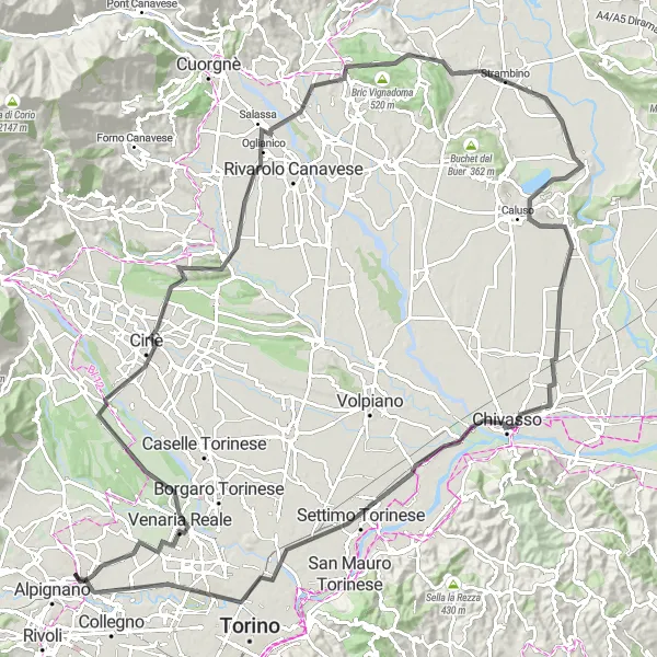 Miniatuurkaart van de fietsinspiratie "Uitdagende wegfietsroute door Venaria Reale en Mazzè" in Piemonte, Italy. Gemaakt door de Tarmacs.app fietsrouteplanner