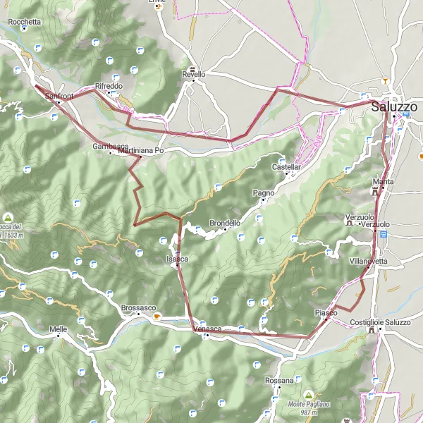 Map miniature of "Gravel Adventure: Isasca to Villanovetta" cycling inspiration in Piemonte, Italy. Generated by Tarmacs.app cycling route planner
