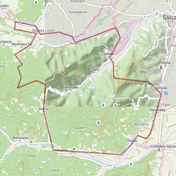 Mapa miniatúra "Gravelová okružná cyklistická trasa cez Isasca a Castellar" cyklistická inšpirácia v Piemonte, Italy. Vygenerované cyklistickým plánovačom trás Tarmacs.app