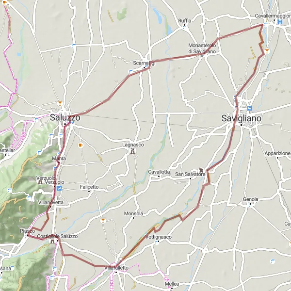 Map miniature of "Gravel Route from Piasco" cycling inspiration in Piemonte, Italy. Generated by Tarmacs.app cycling route planner