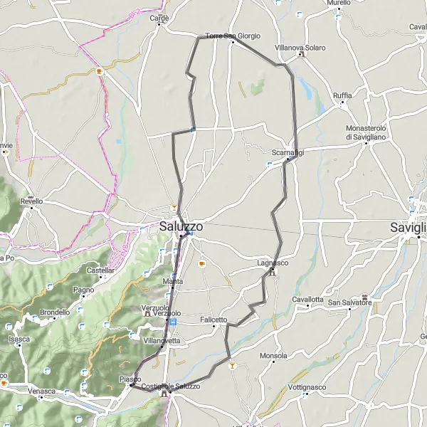 Miniaturní mapa "Okruh kolem Piasco - Castello della Manta" inspirace pro cyklisty v oblasti Piemonte, Italy. Vytvořeno pomocí plánovače tras Tarmacs.app