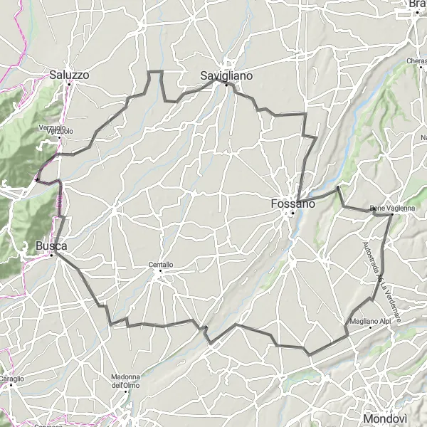 Miniatura della mappa di ispirazione al ciclismo "Tra Castelli Tapparelli D'Azeglio e Costigliole Saluzzo" nella regione di Piemonte, Italy. Generata da Tarmacs.app, pianificatore di rotte ciclistiche