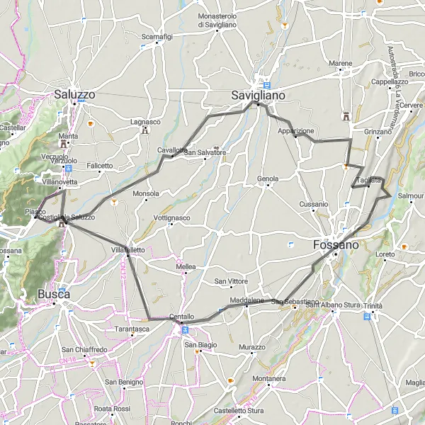 Map miniature of "Piasco to Villafalletto" cycling inspiration in Piemonte, Italy. Generated by Tarmacs.app cycling route planner