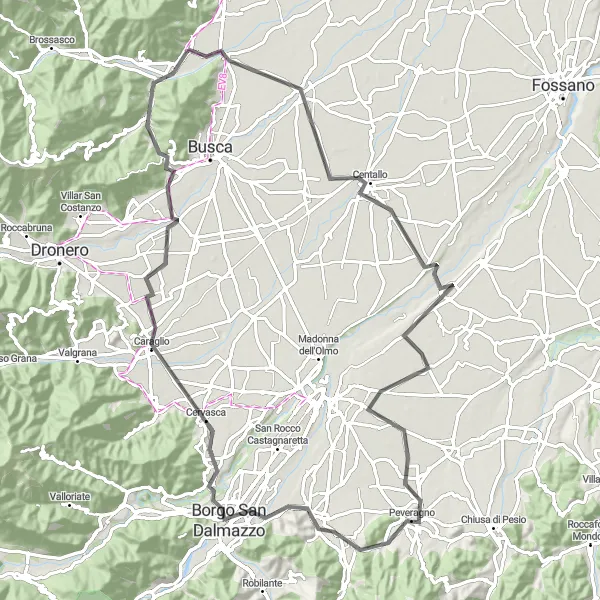 Map miniature of "Piasco to Rossana" cycling inspiration in Piemonte, Italy. Generated by Tarmacs.app cycling route planner