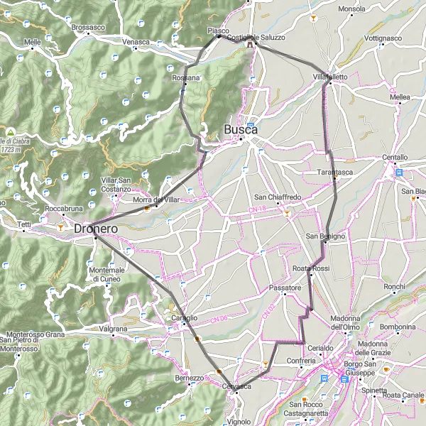 Miniatura della mappa di ispirazione al ciclismo "Rotta Road tra Tarantasca e Rossana" nella regione di Piemonte, Italy. Generata da Tarmacs.app, pianificatore di rotte ciclistiche