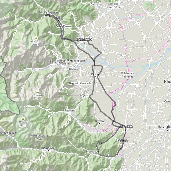Map miniature of "Piasco to Rocca di Cavour" cycling inspiration in Piemonte, Italy. Generated by Tarmacs.app cycling route planner