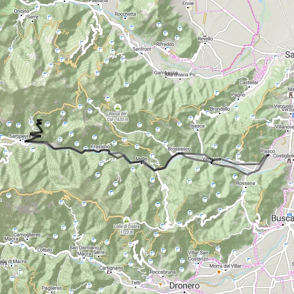 Miniaturní mapa "Okružní cyklistická trasa z blízkosti města Piasco" inspirace pro cyklisty v oblasti Piemonte, Italy. Vytvořeno pomocí plánovače tras Tarmacs.app